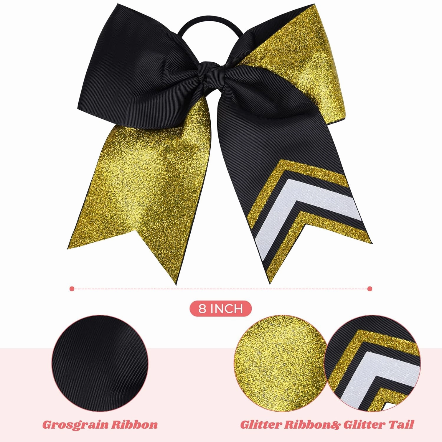 DEEKA 8PCS 8" Two Toned Large Glitter Cheer Bows Shiny Cheer Hair Bows Ponytail Holder Handmade for Cheerleader Girls Softball Sports -g Gold/Black