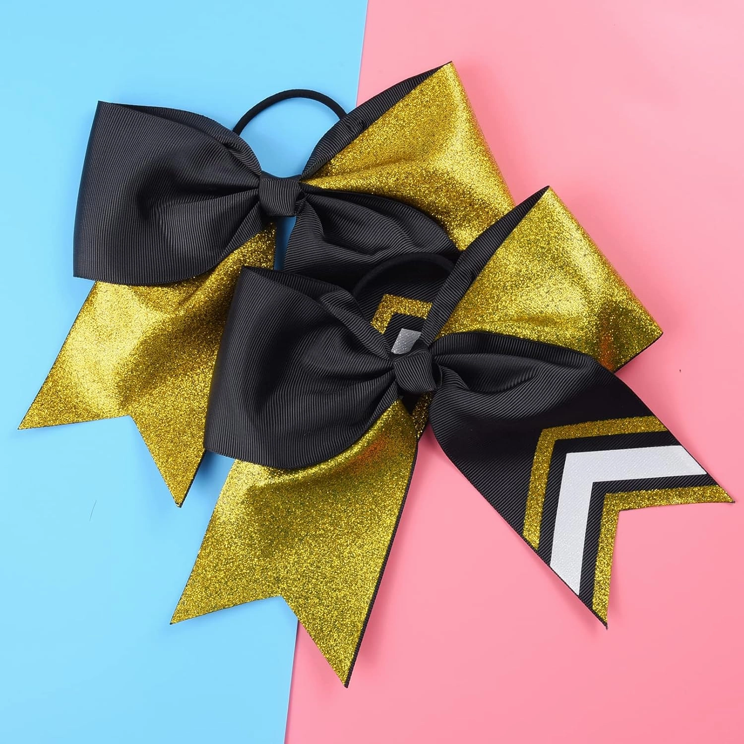 DEEKA 8PCS 8" Two Toned Large Glitter Cheer Bows Shiny Cheer Hair Bows Ponytail Holder Handmade for Cheerleader Girls Softball Sports -g Gold/Black