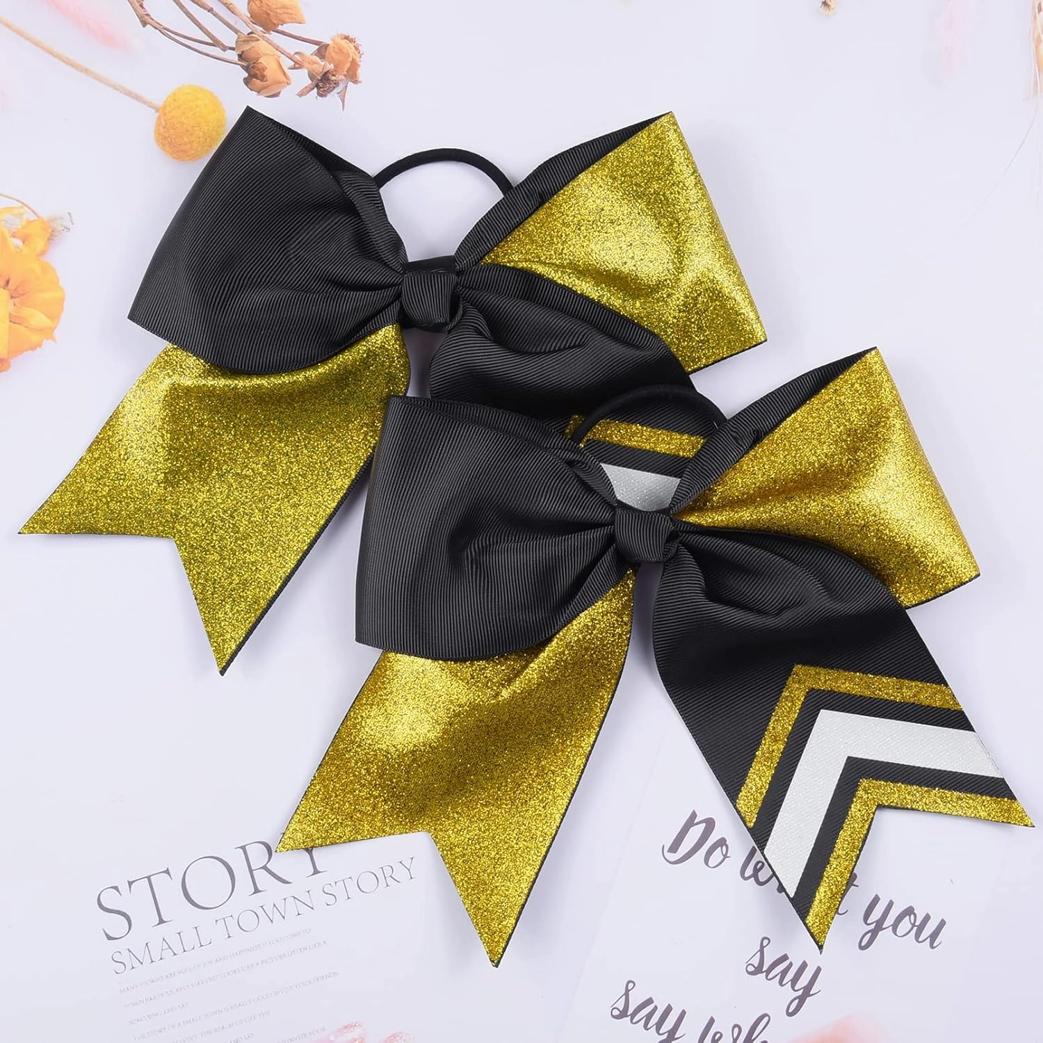 DEEKA 8PCS 8" Two Toned Large Glitter Cheer Bows Shiny Cheer Hair Bows Ponytail Holder Handmade for Cheerleader Girls Softball Sports -g Gold/Black