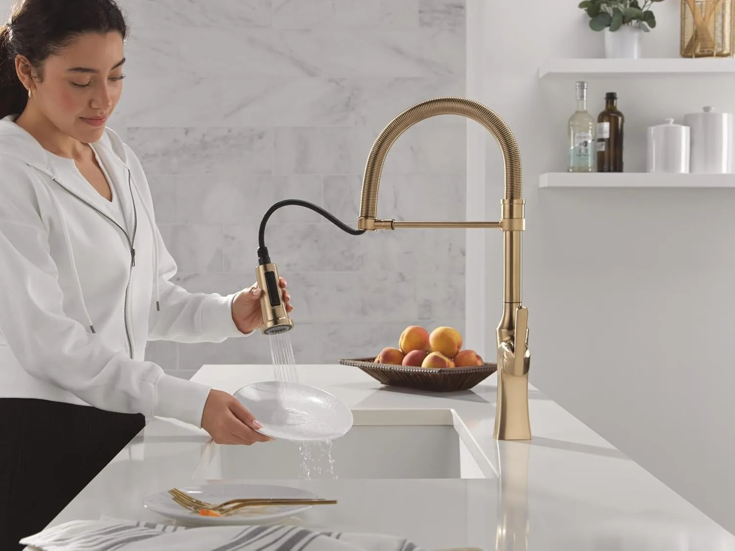 Delta 18887-DST Ermelo 1.8 GPM Single Hole Pre-Rinse Spring Spout Pull Down Kitchen Faucet - Includes Escutcheon - Champagne Bronze