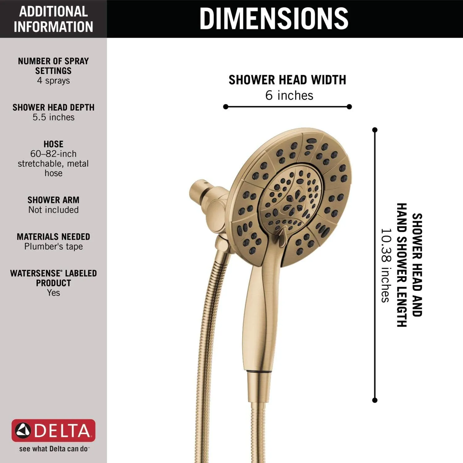 Delta Faucet 4-Spray In2ition Dual Shower Head with Handheld Spray, Gold Shower Head with Hose, Showerheads & Handheld Showers, Handheld Shower Heads, Champagne Bronze 58499-CZ