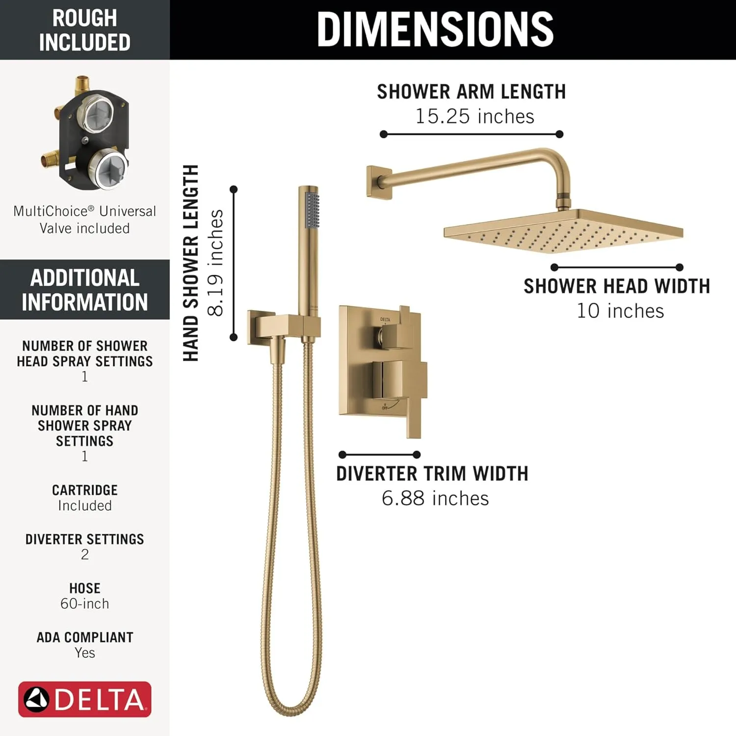 Delta Faucet Modern Raincan 2-Setting Square Shower System Including Rain Shower Head and Handheld Spray Gold, Rainfall Shower System Gold, Shower Valve and Trim Kit, Champagne Bronze 342701-CZ