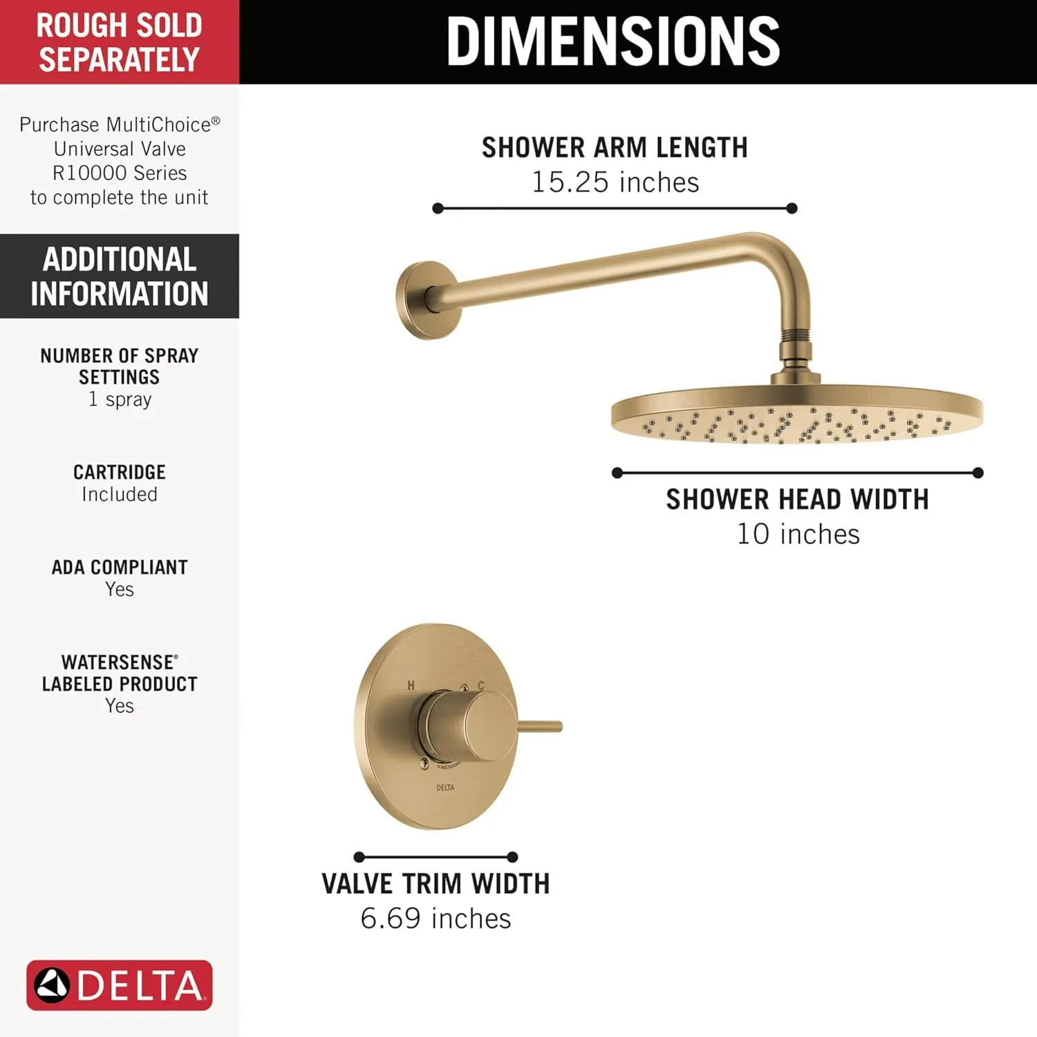 Delta Faucet Modern Raincan Round Single-Function Shower Valve Trim Kit Gold, Shower Faucet Set, Rainfall Shower Head Gold, Delta Shower Kit, Champagne Bronze T14269-CZ-PP (Valve Not Included)