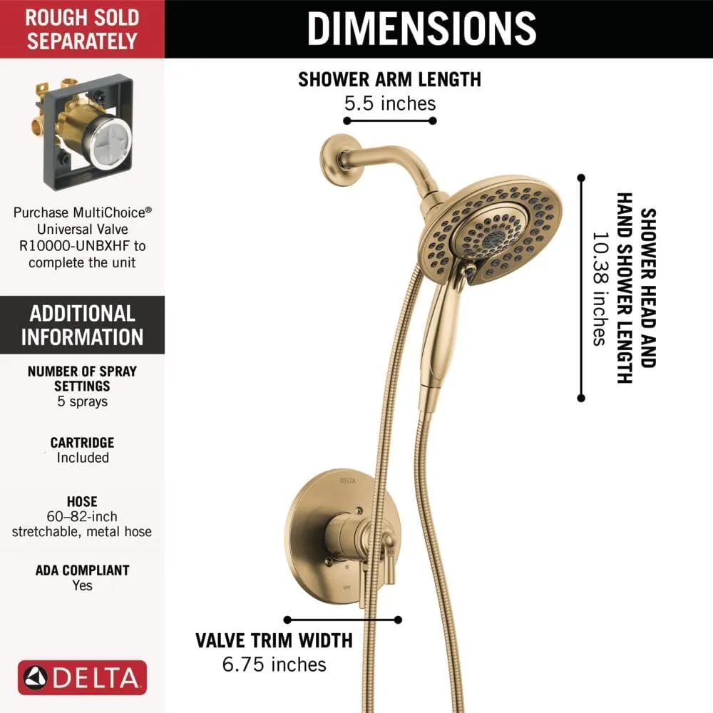 Delta Faucet Saylor 17 Series Gold Shower Valve Trim Kit with In2ition 2-in-1 Shower Head with Handheld Spray, Shower Faucet, Shower Head and Handle, Champagne Bronze T17235-CZ-I (Valve Not Included)