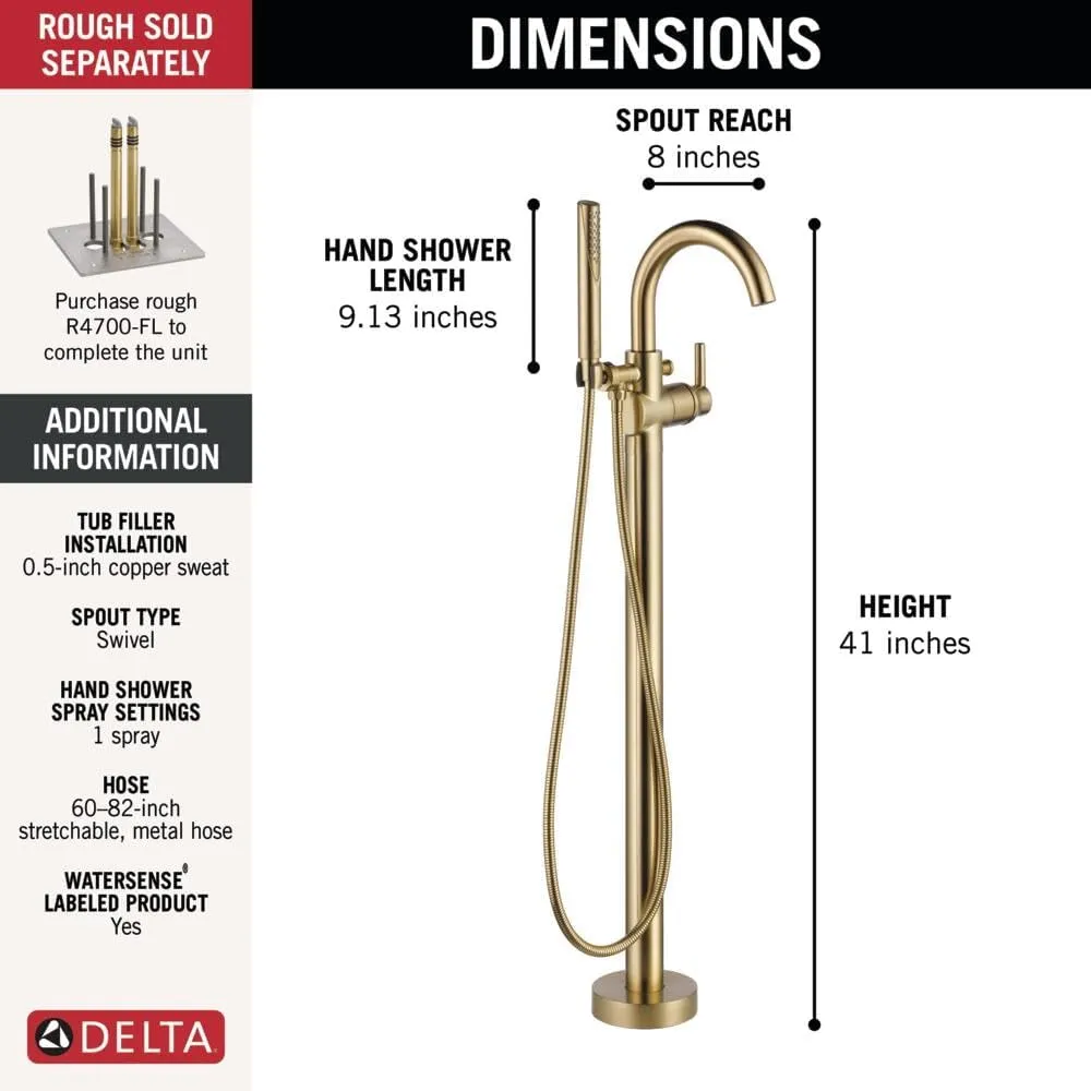Delta Faucet Trinsic Floor-Mount Freestanding Tub Filler with Hand Held Shower, Champagne Bronze T4759-CZFL (Valve Not Included)