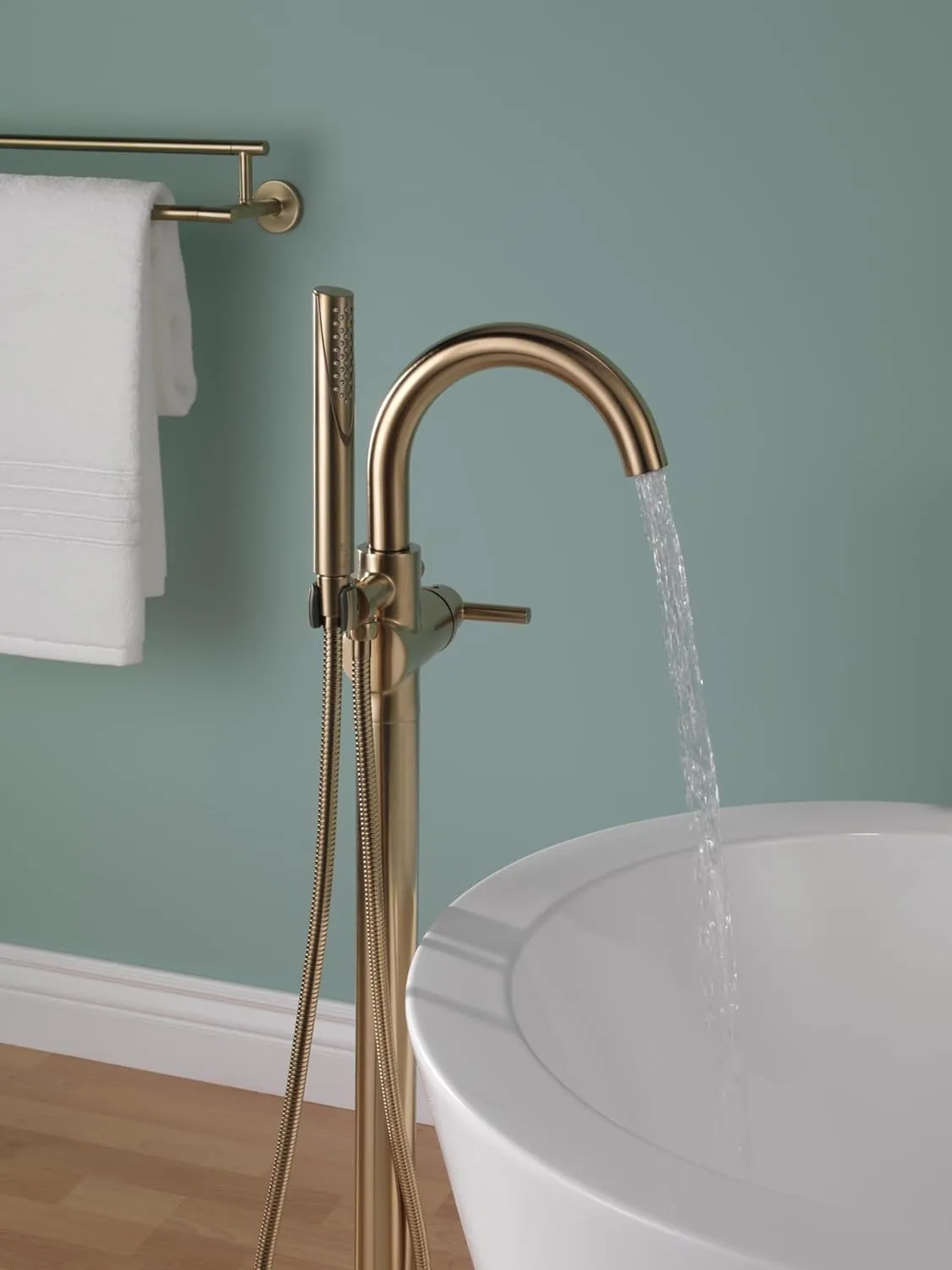 Delta Faucet Trinsic Floor-Mount Freestanding Tub Filler with Hand Held Shower, Champagne Bronze T4759-CZFL (Valve Not Included)