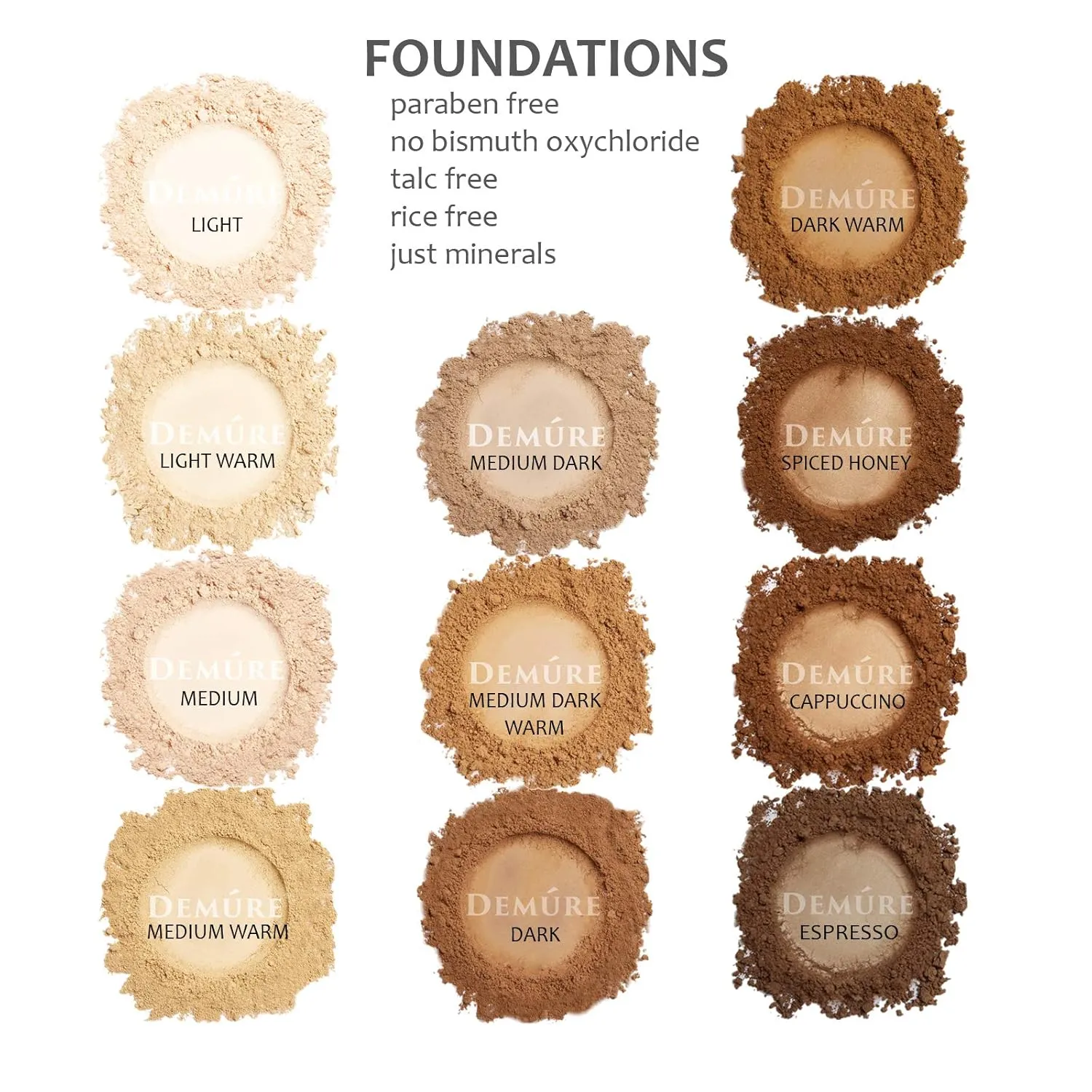 Demure Mineral Make Up, Dark Mineral Foundation Makeup, Concealer Makeup, Natural Makeup Made with Pure Crushed Minerals, Loose Face Powder. Demure Mineral Makeup