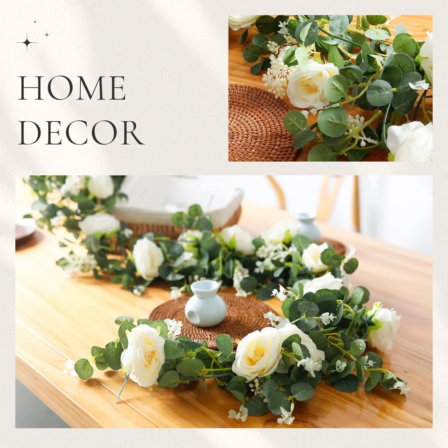 Der Rose 2Pack 13Ft Artificial Eucalyptus Flower Garland with Fake Rose Flower Vine Seeded Eucalyptus Leaves Greenery Garland for Wedding Table Backdrop Party Centerpiece Room Decor (Champagne)
