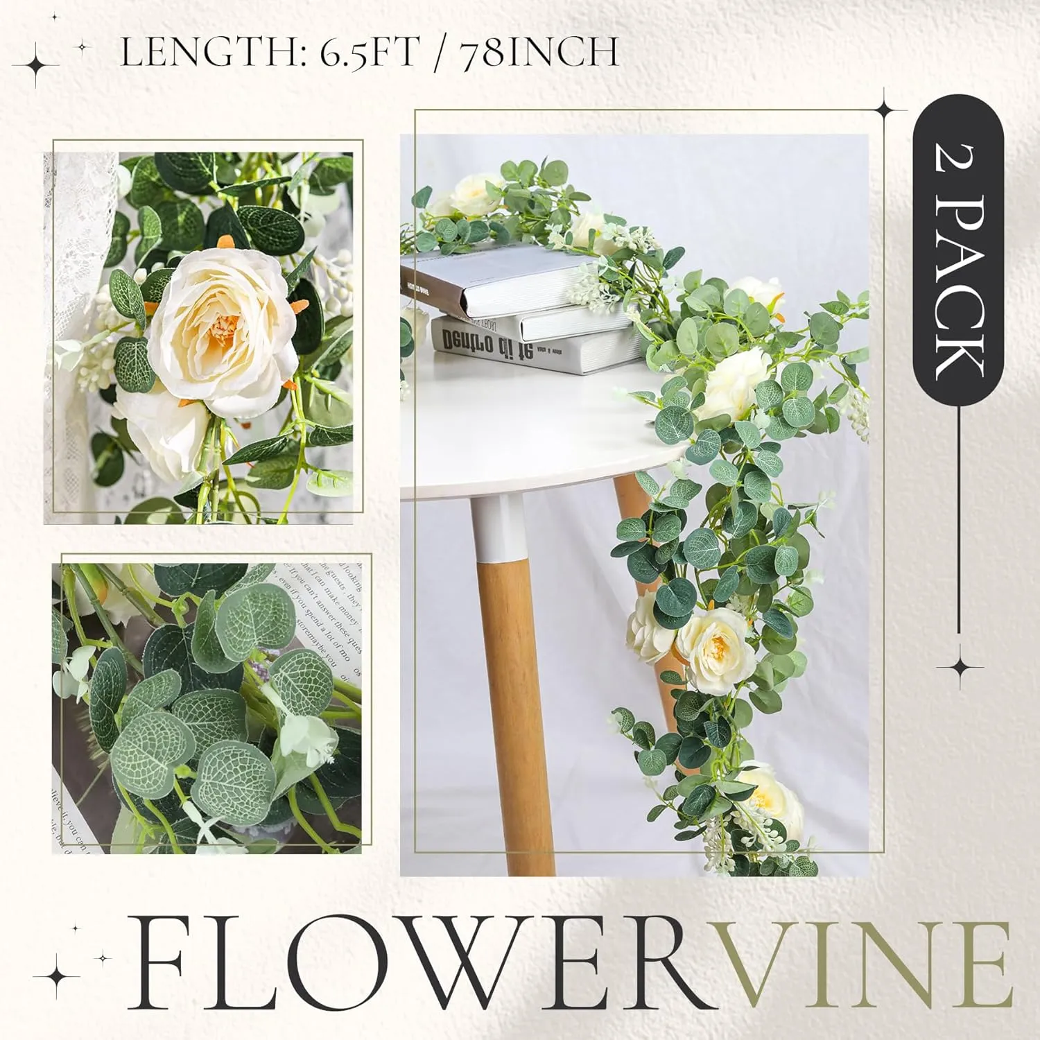 Der Rose 2Pack 13Ft Artificial Eucalyptus Flower Garland with Fake Rose Flower Vine Seeded Eucalyptus Leaves Greenery Garland for Wedding Table Backdrop Party Centerpiece Room Decor (Champagne)