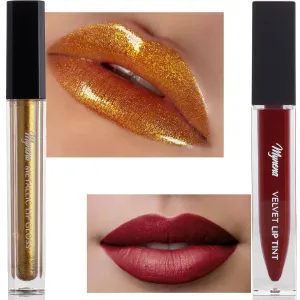 Diamond Lips Yellow with Gold Metallic Finish Lip Gloss and Sexy Red Ink Velvet Stain Mousse Lipstick Bundle