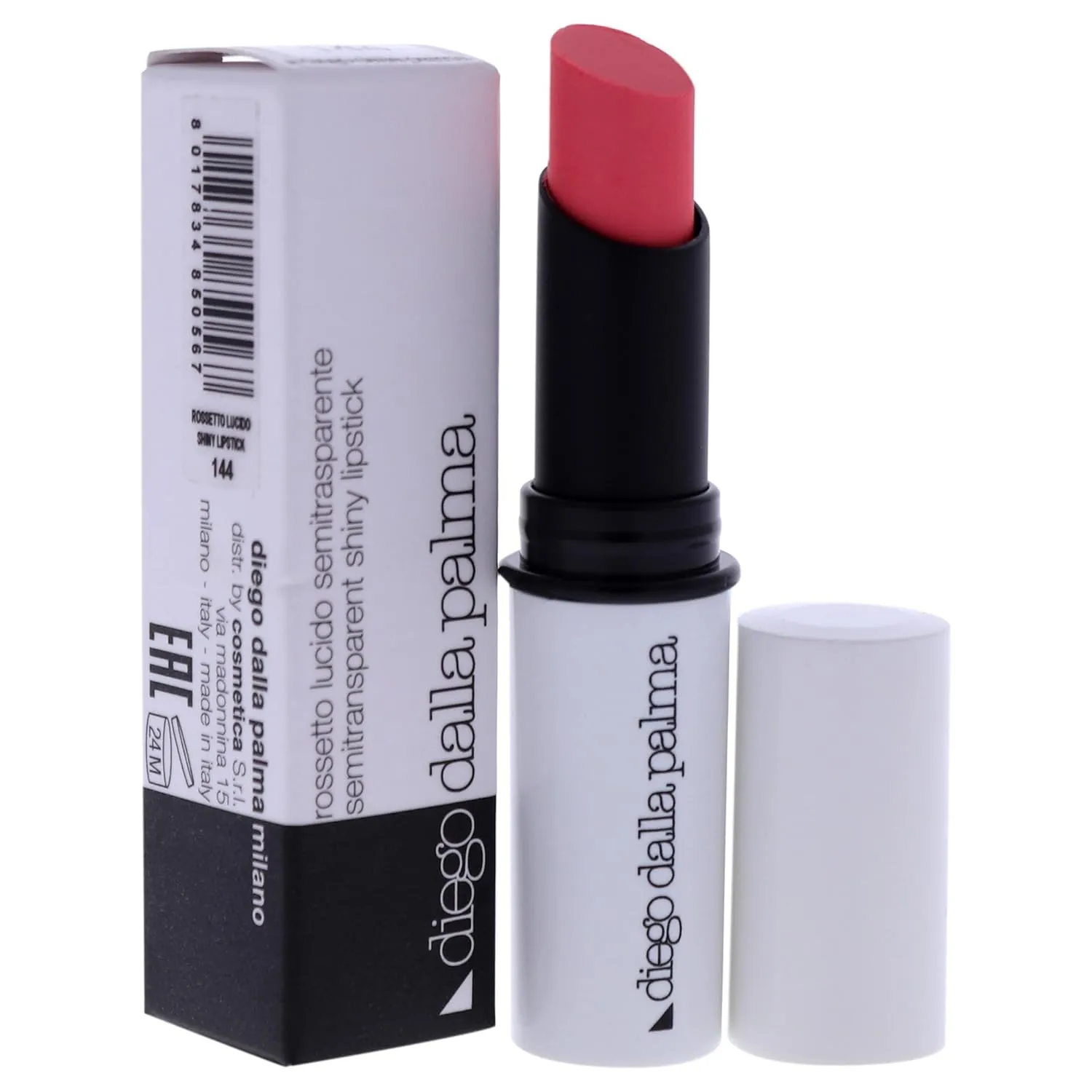 Diego dalla Palma Semitransparent Shiny Lipstick - Hydrates And Protects - Sheer Color - Luminous And Shiny Finish - Gives Plump And Smooth Lips - Long Lasting Wear - 144 Pink Salmon - 0.1 Oz
