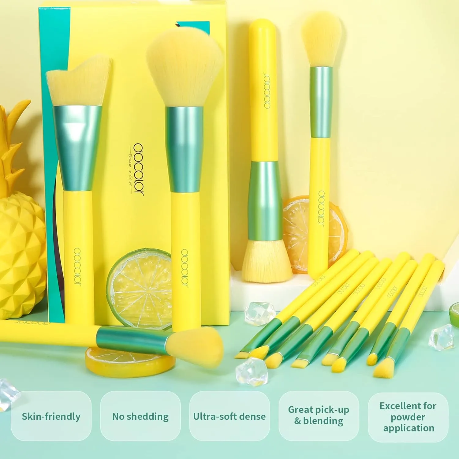 Docolor Makeup Brushes 13Pcs Lemon Makeup Brush Set Premium Synthetic Goat Foundation Eye Shadows Blending Face Powder Concealers Blush Make Up Brushes Kit