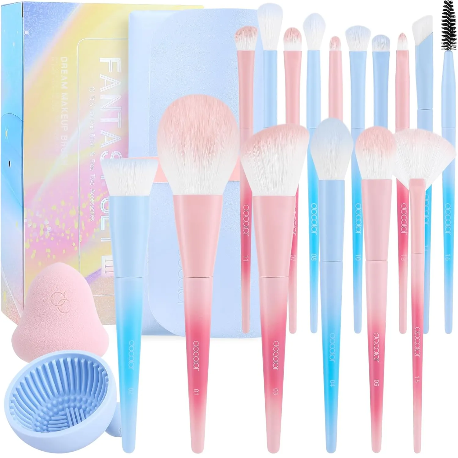 Docolor Makeup Brushes 16Pcs Makeup Brush Set with Makeup Bag Makeup Sponge & Brush Cleaning Pad Professional Face Powder Kabuki Foundation EyeShadow Concealers Brush Kit Gift Box Fantasy Series Ⅲ