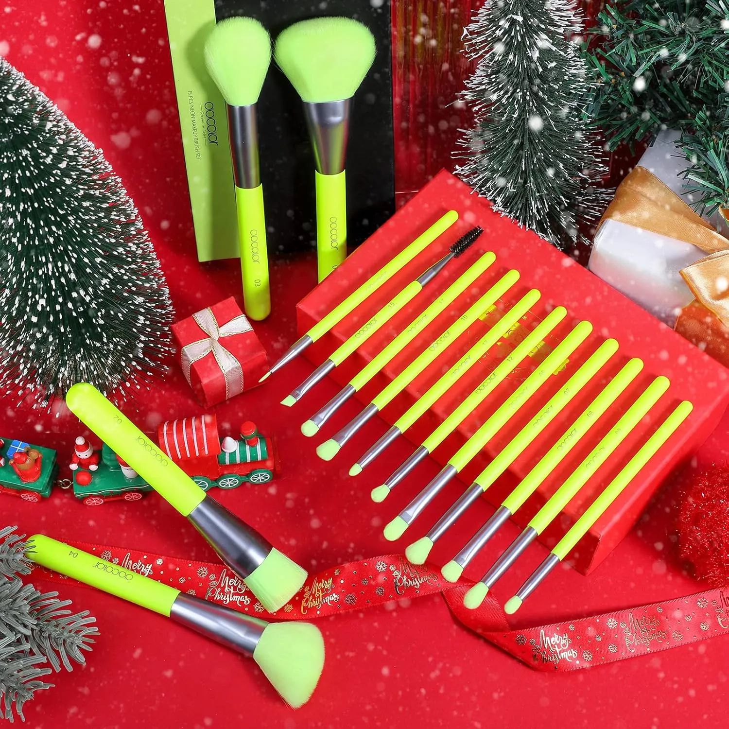 Docolor Makeup Brushes Set 15Pcs Professional Make Up Brushes Premium Gift Synthetic Kabuki Foundation Brush Blending Face Powder Blush Concealers Eye Shadows Professional Makeup Brush Set, Neon Green