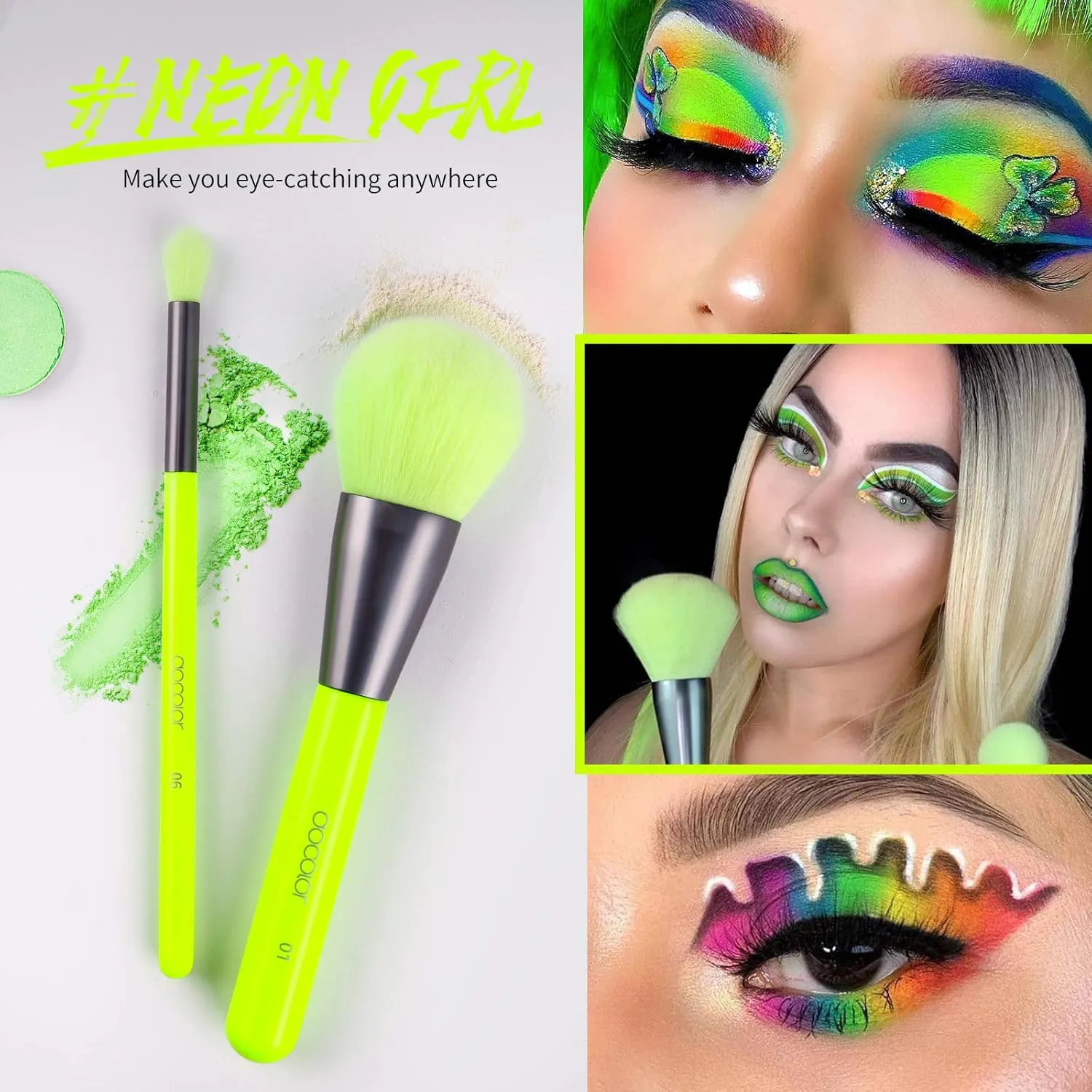Docolor Makeup Brushes Set 15Pcs Professional Make Up Brushes Premium Gift Synthetic Kabuki Foundation Brush Blending Face Powder Blush Concealers Eye Shadows Professional Makeup Brush Set, Neon Green
