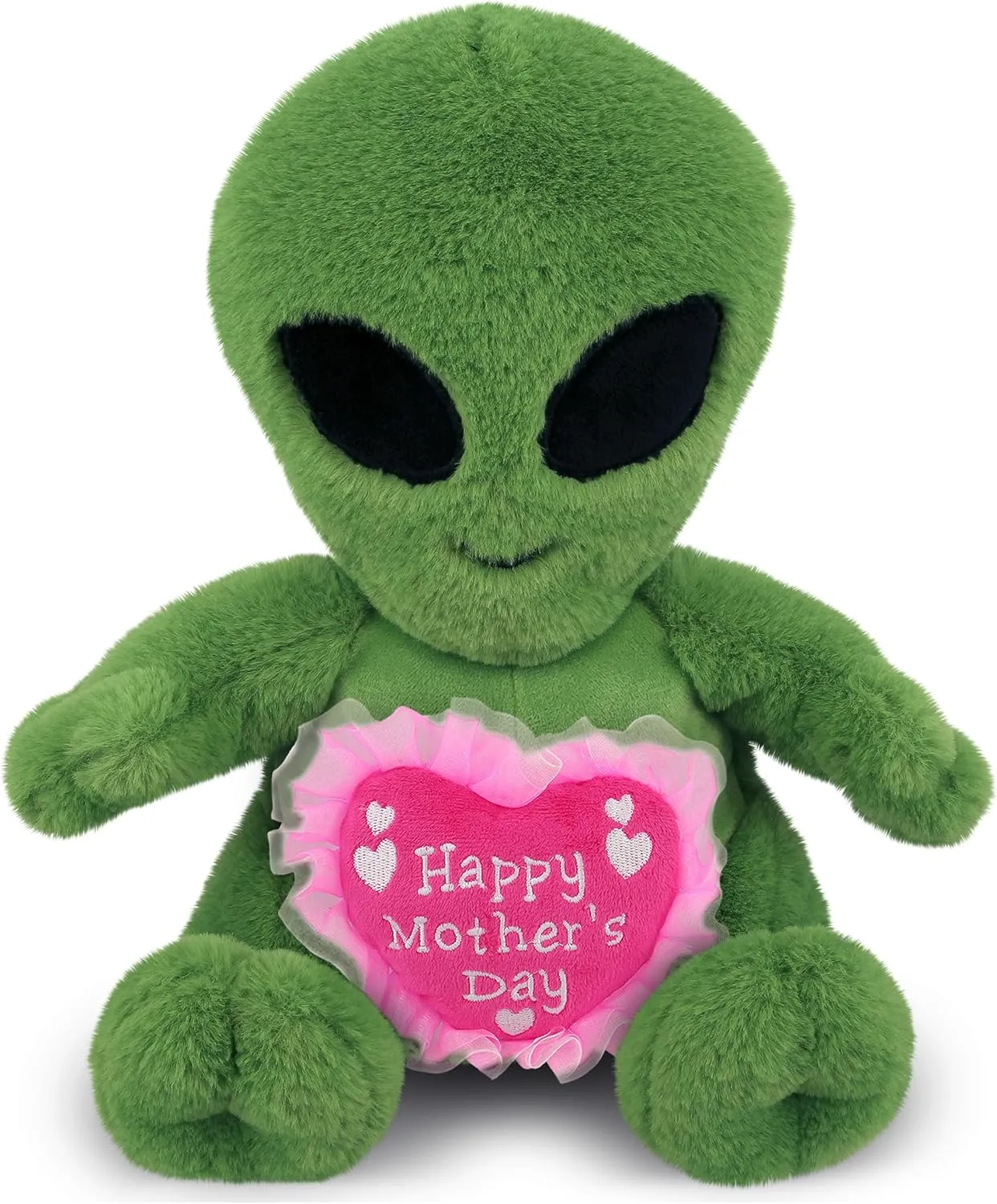 DolliBu Happy Mother's Day Super Soft Plush Alien - Cute Stuffed Animal Present with Pink Heart Message for Best Mommy, Grandma, Wife, Daughter - Cute Space Creature Plush Toy Gift - 11 Inches