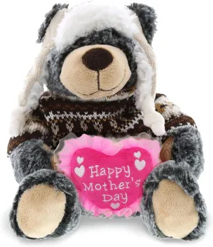 DolliBu Happy Mother's Day Super Soft Plush Black Bear with Clothes - Cute Stuffed Animal with Pink Heart Message for Best Mommy, Grandma, Wife, Daughter - 9" Inches