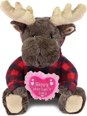 DolliBu Happy Mother's Day Super Soft Plush Brown Bear with Red Plaid Hoodie - Cute Stuffed Animal with Pink Heart Message for Best Mommy, Grandma, Wife, Daughter - 10 Inches