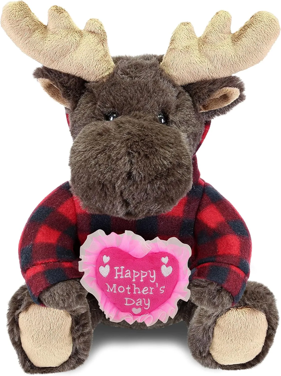 DolliBu Happy Mother's Day Super Soft Plush Brown Bear with Red Plaid Hoodie - Cute Stuffed Animal with Pink Heart Message for Best Mommy, Grandma, Wife, Daughter - 10 Inches