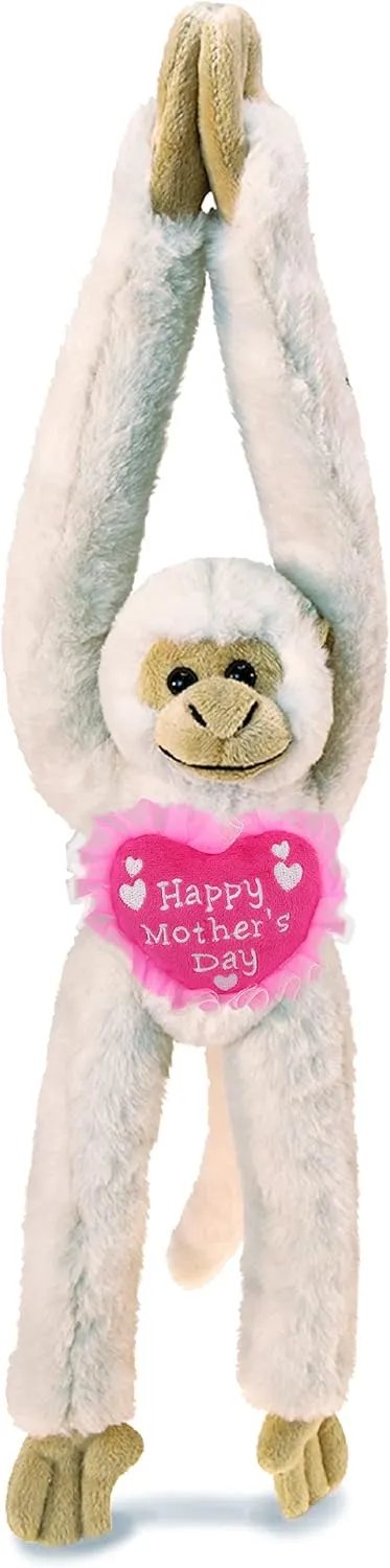 DolliBu Happy Mother's Day Super Soft Plush Hanging White Squirrel Monkey - Cute Stuffed Animal Present with Pink Heart Message for Best Mommy, Grandma, Wife, Daughter - 21"