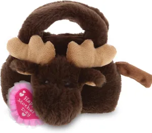 DolliBu Happy Mother's Day Super Soft Plush Moose Handbag - Cute Stuffed Animal Purse with Pink Heart Message for Best Mommy, Grandma, Wife, Daughter - 7 Inches