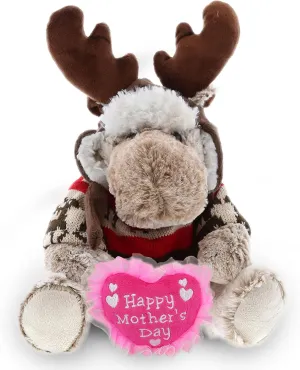 DolliBu Happy Mother's Day Super Soft Plush Moose with Clothes - Cute Stuffed Animal with Pink Heart Message for Best Mommy, Grandma, Wife, Daughter - 9" Inches