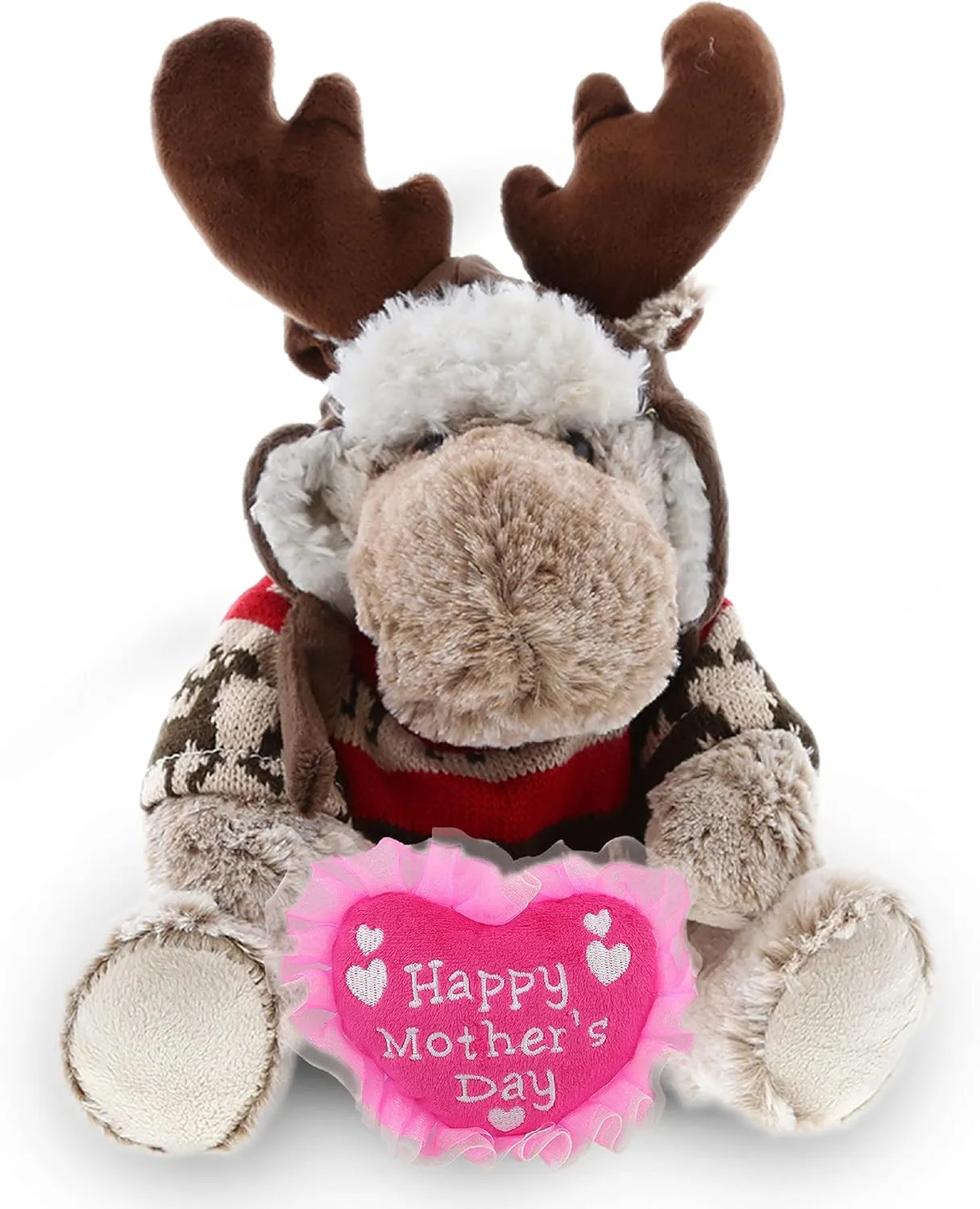 DolliBu Happy Mother's Day Super Soft Plush Moose with Clothes - Cute Stuffed Animal with Pink Heart Message for Best Mommy, Grandma, Wife, Daughter - 9" Inches