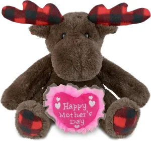 DolliBu Happy Mother's Day Super Soft Plush Plaid Brown Moose - Cute Stuffed Animal Present with Pink Heart Message for Best Mommy, Grandma, Wife, Daughter - Cute Wild Life Plush Toy Gift - 10 Inch