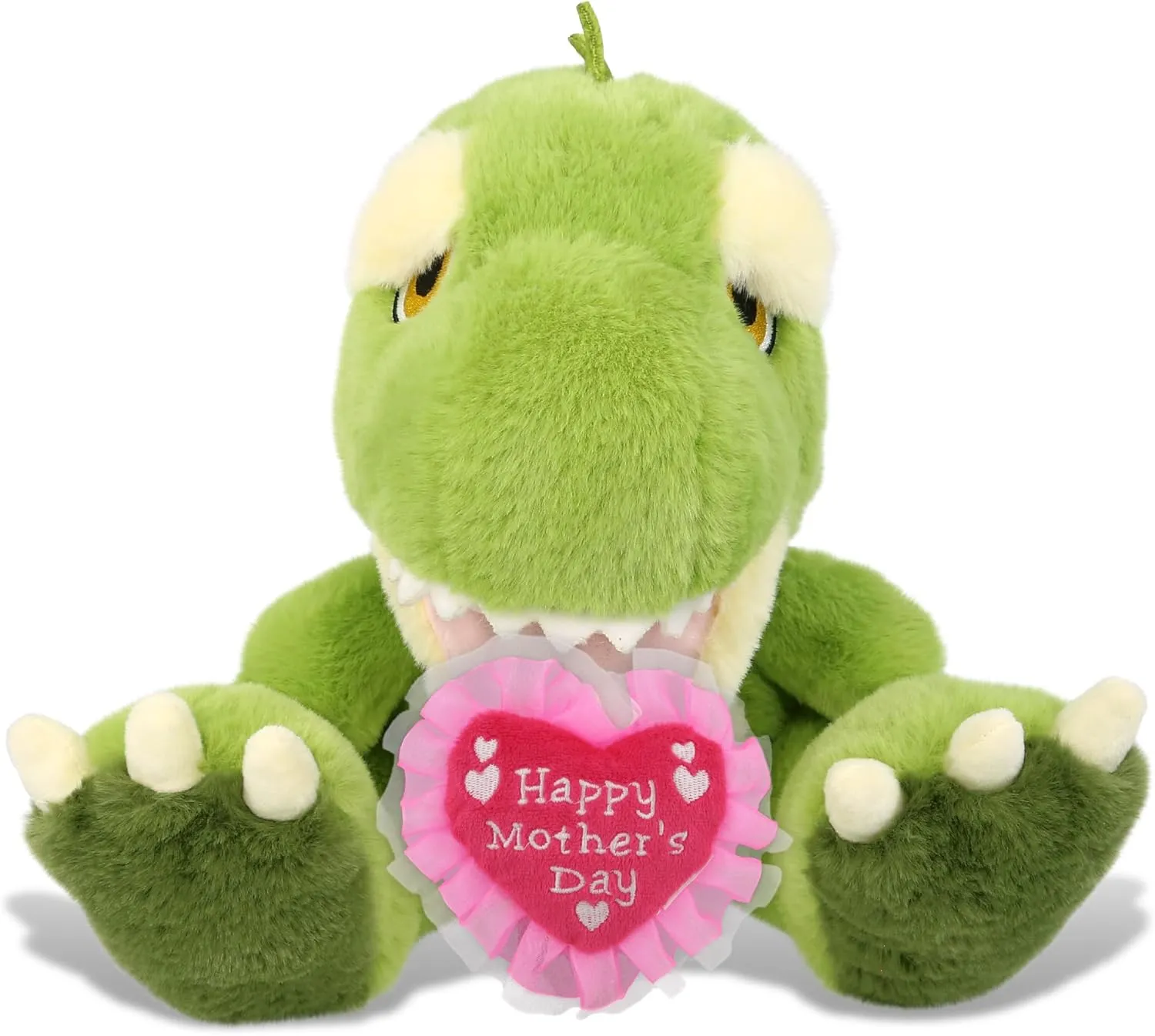 DolliBu Happy Mother's Day Super Soft Plush T-Rex Dinosaur - Cute Stuffed Animal Present With Pink Heart Message for Best Mommy, Grandma, Wife, Daughter, Cute Pre-Historic Life Plush Toy Gift - 9 Inch