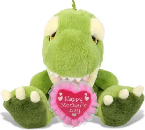 DolliBu Happy Mother's Day Super Soft Plush T-Rex Dinosaur - Cute Stuffed Animal Present With Pink Heart Message for Best Mommy, Grandma, Wife, Daughter, Cute Pre-Historic Life Plush Toy Gift - 9 Inch