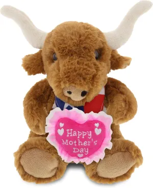DolliBu Happy Mother's Day Super Soft Plush Texas Longhorn - Cute Stuffed Animal Present with Pink Heart Message for Best Mommy, Grandma, Wife, Daughter - Cute Wild Life Plush Toy Gift - 9 Inches
