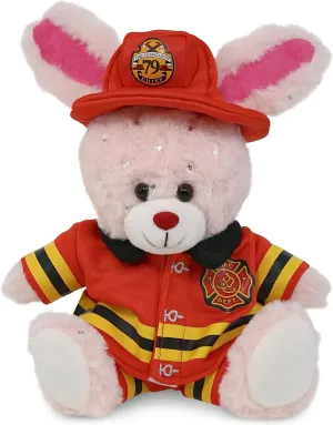 DolliBu Rose Gold Bunny Firefighter Stuffed Animal with Name Personalization - Super Soft Bunny with Red Fireman Costume Outfit and Fireman Hat, Fire Fighter Doll Plush Toy for Kids - 8 Inch