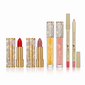 Dolly Beauty Lip Bundle - Heaven's Kiss Lipstick in Jolene Red & Rosebud, Hi-Gloss Lips in Gold Dust & Rose Petal, Hi-Definition Lip Liner in Ruby & Dawn - 6 pack
