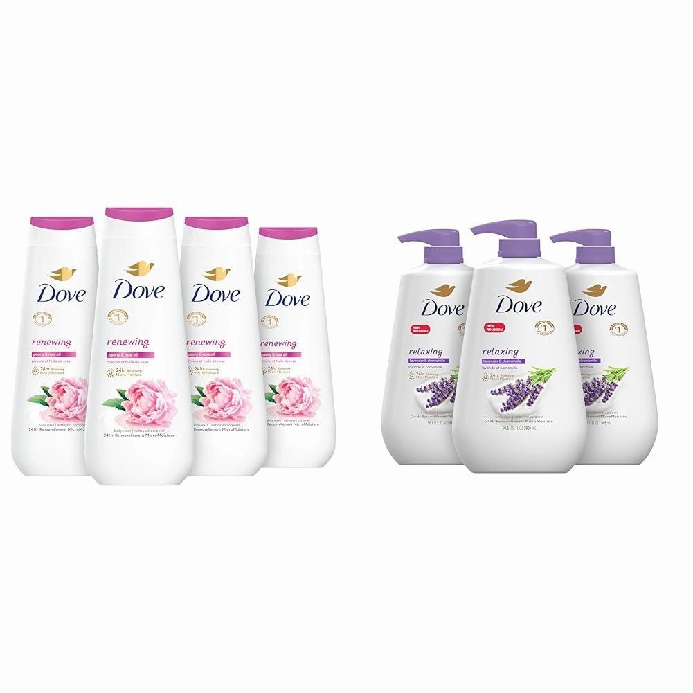 Dove Body Wash Renewing Peony and Rose Oil 4 Count for Renewed & Body Wash with Pump Relaxing Lavender Oil & Chamomile 3 Count for Renewed