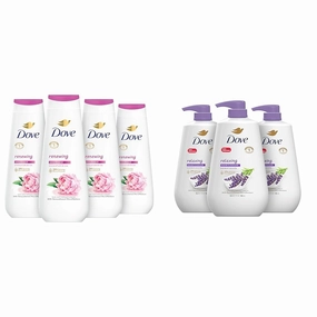 Dove Body Wash Renewing Peony and Rose Oil 4 Count for Renewed & Body Wash with Pump Relaxing Lavender Oil & Chamomile 3 Count for Renewed