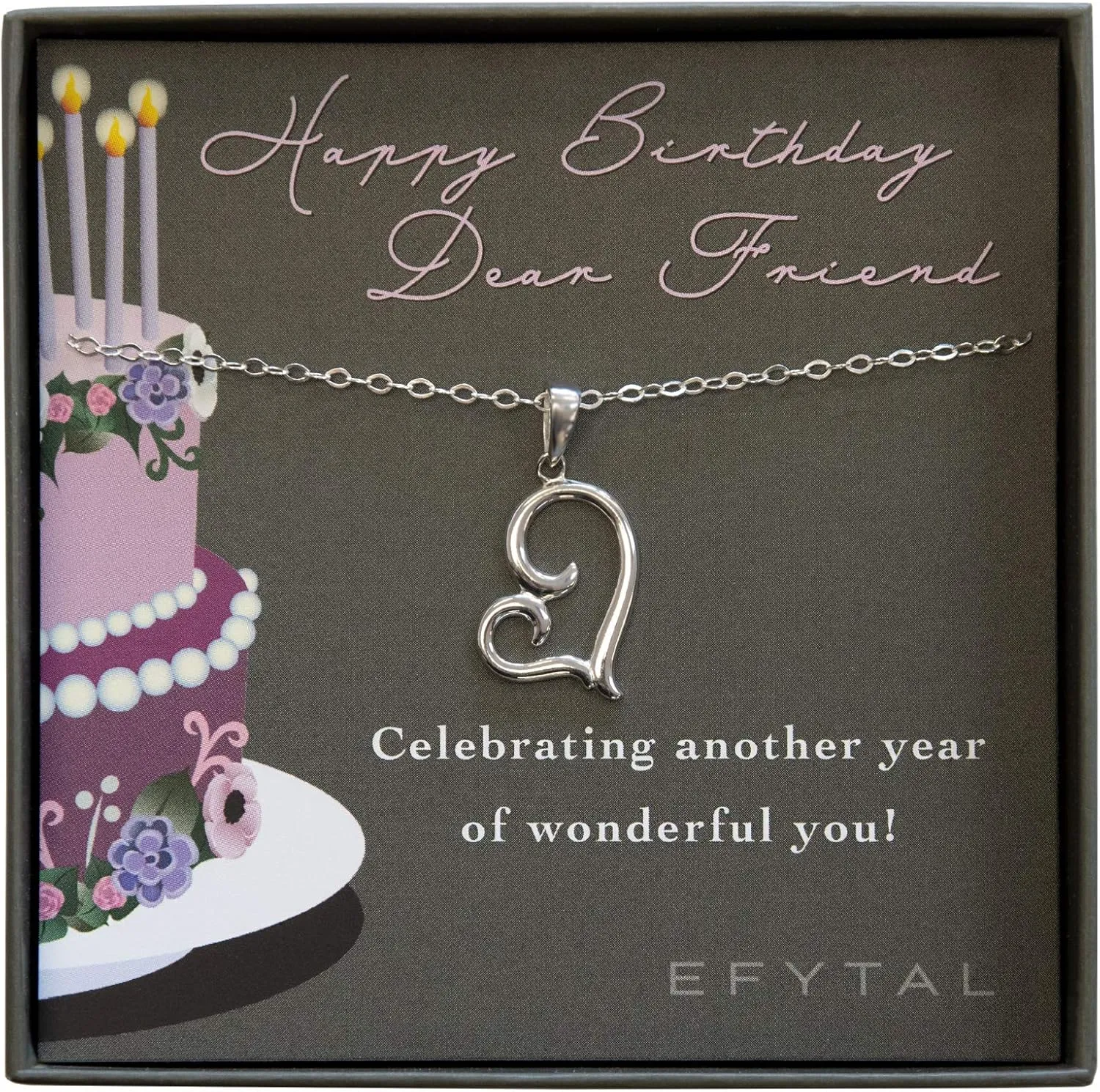 EFYTAL Best Friend Birthday Gifts, 925 Sterling Silver Sideways Heart Necklace on Message Card, Friendship Gift, Happy Birthday Necklace for Women