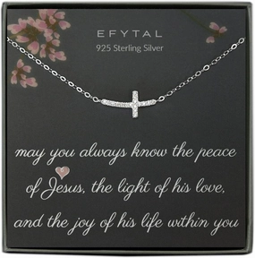 EFYTAL Baptism Gifts for Girl, Dainty Sterling Silver Sideways Cross Necklace for Women, Religious Gifts for Women, First Communion for Girls or Teen, Kids Cross Necklace 8-12, Christian Jewelry