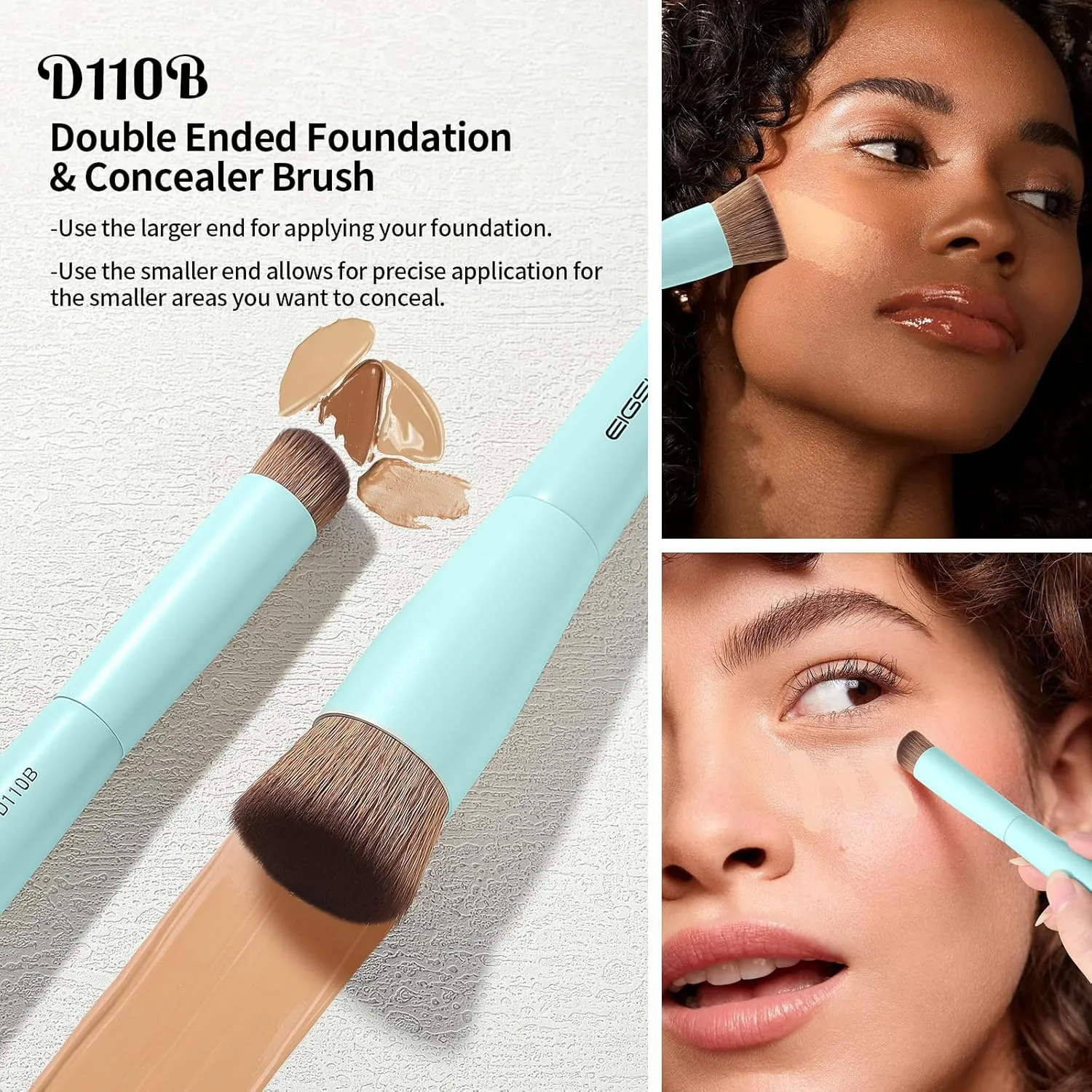 EIGSHOW Makeup Brush Set, 3Pcs Double Ended Face Makeup Brushes for Foundation Powder Contour Highlight Concealer Nose Shadow, Travel Gift Set (Cyan)