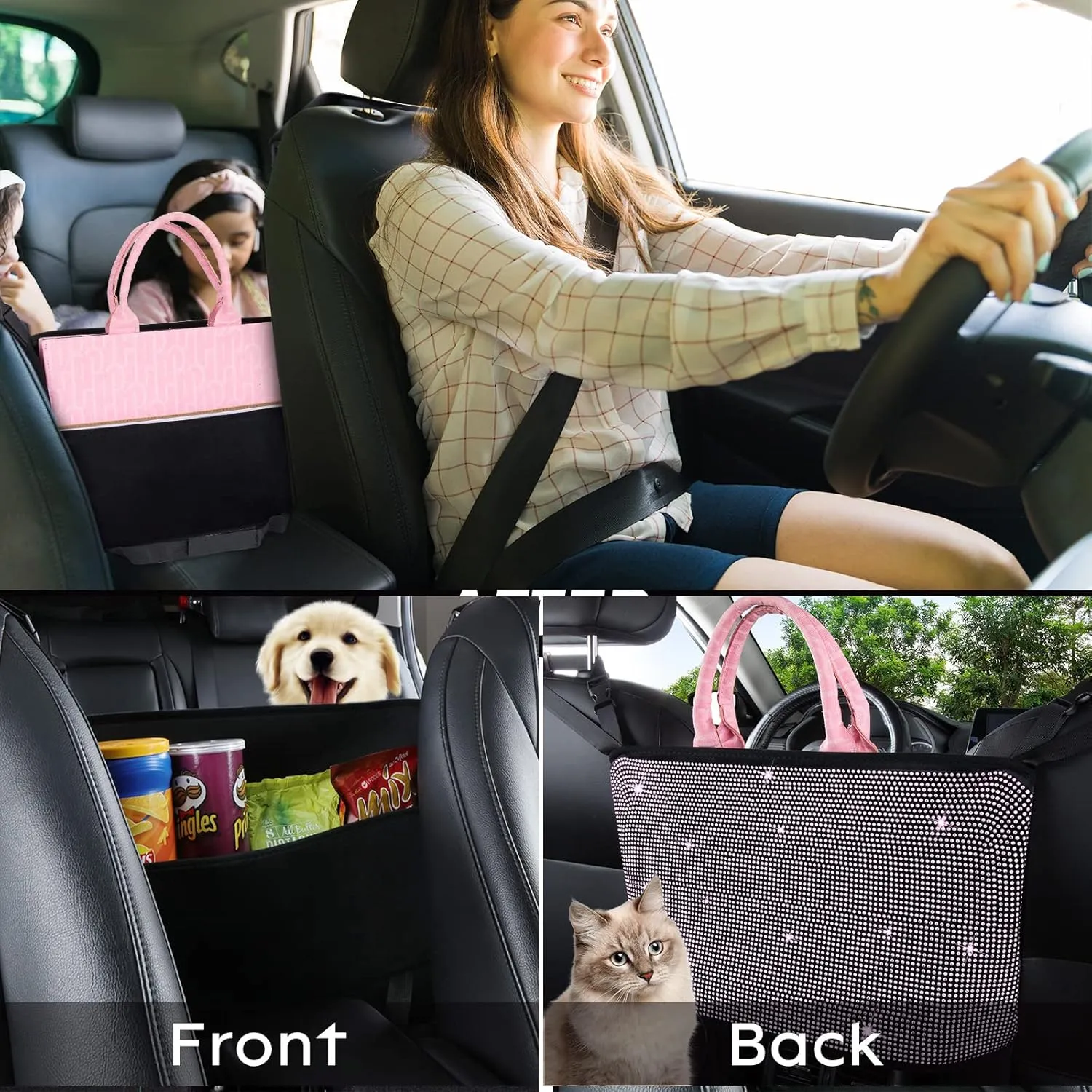 eing Car Organizers and Handbag Holder Car Seat Net with Shiny Diamonds for Women, Car Barrier for Dogs and Kids, Pink Car Organizer