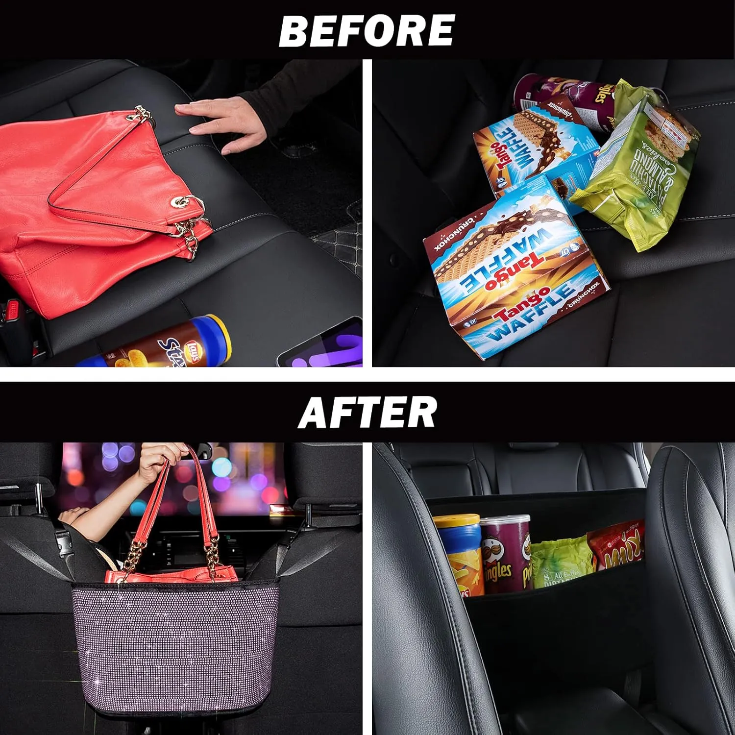 eing Car Organizers and Handbag Holder Car Seat Net with Shiny Diamonds for Women, Car Barrier for Dogs and Kids, Pink Car Organizer