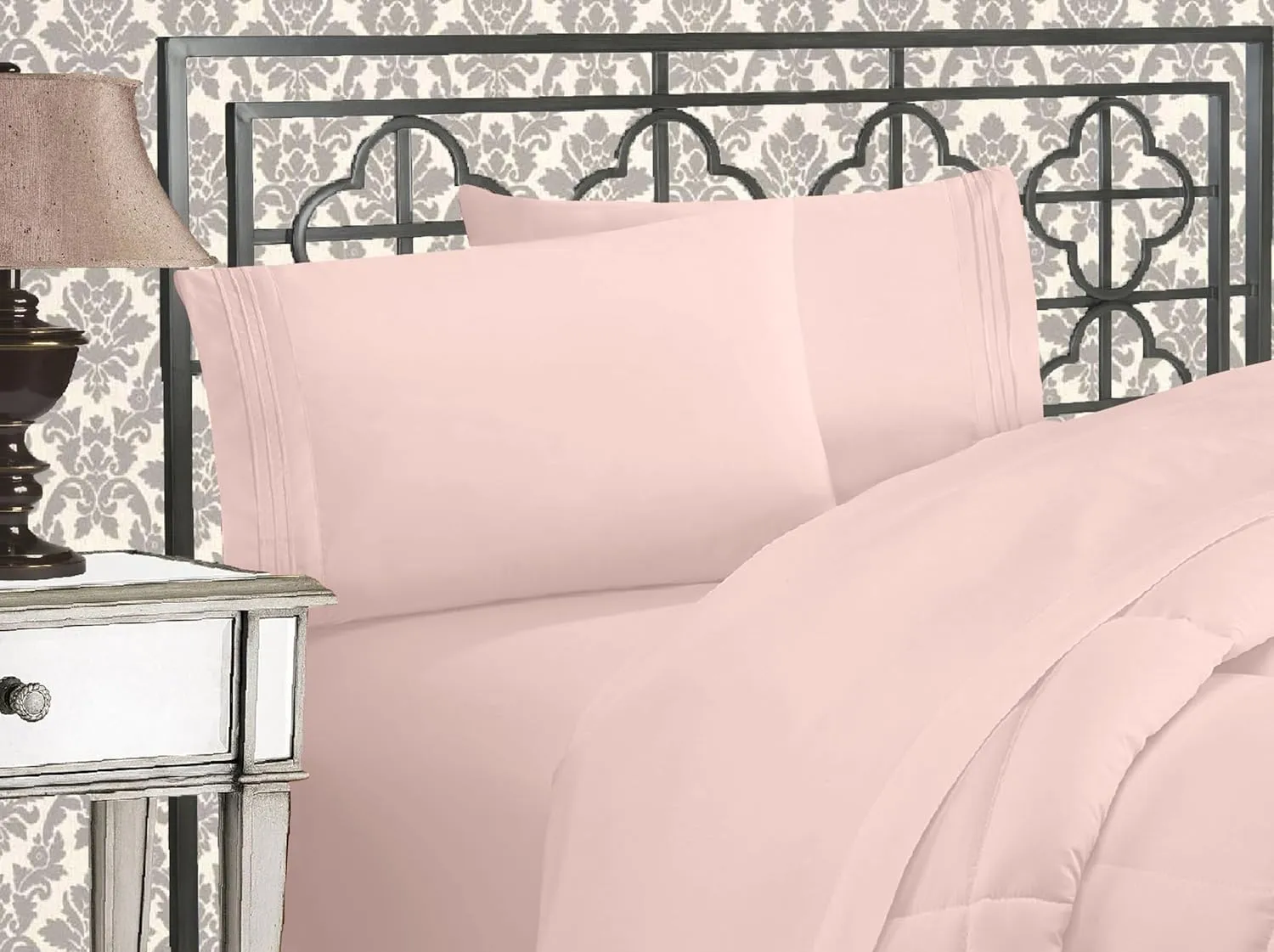 Elegant Comfort Luxurious 1500 Premium Hotel Quality Microfiber Three Line Embroidered Softest 4-Piece Bed Sheet Set, Wrinkle and Fade Resistant, Queen, Blush Pink