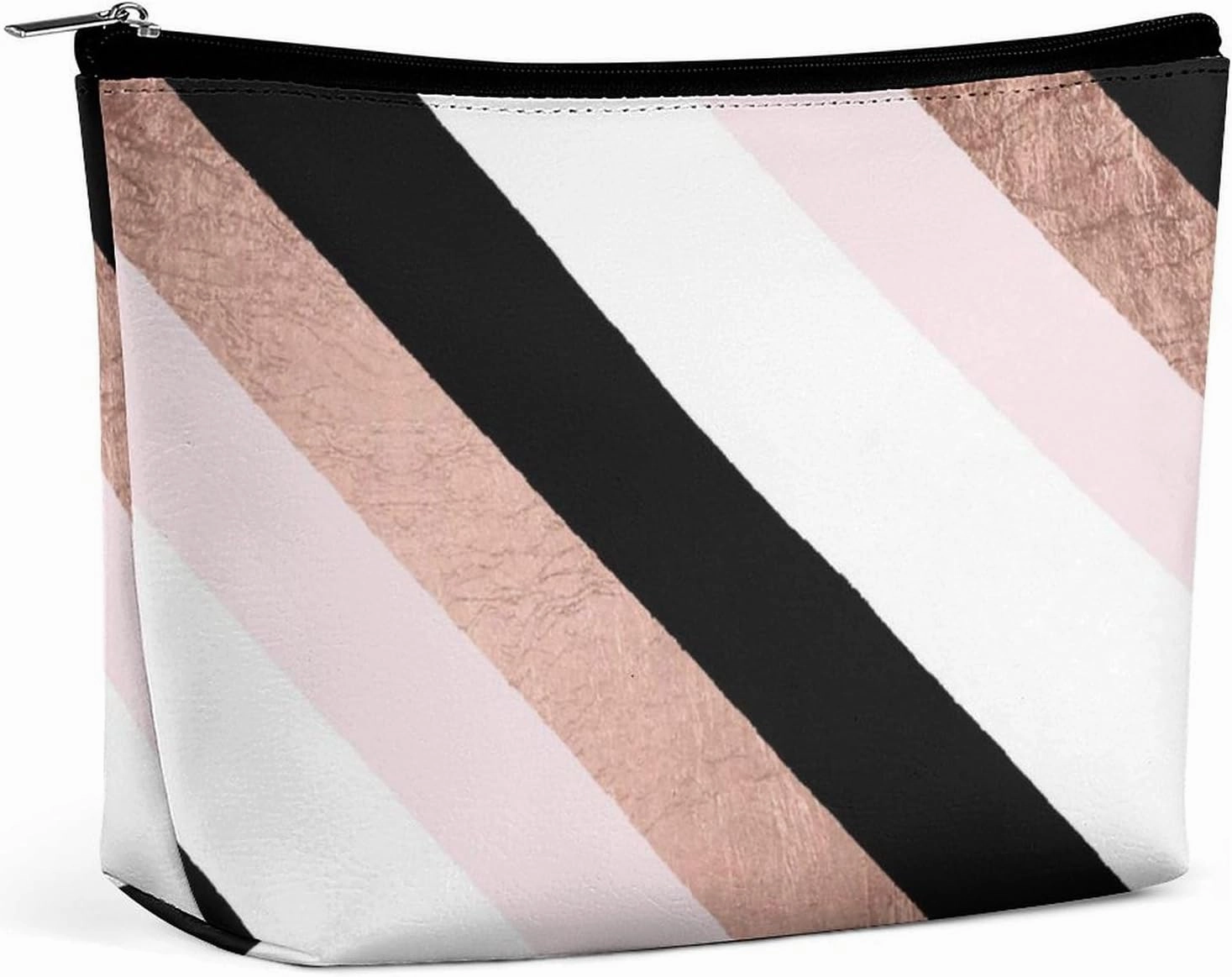 Elegant Makeup Bag, Modern Black Blush Pink Rose Gold Stripes Pattern Cosmetic Bag Large Capacity Pouch Portable Organizer for Men & Women