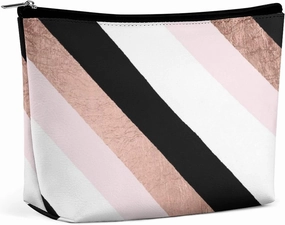Elegant Makeup Bag, Modern Black Blush Pink Rose Gold Stripes Pattern Cosmetic Bag Large Capacity Pouch Portable Organizer for Men & Women