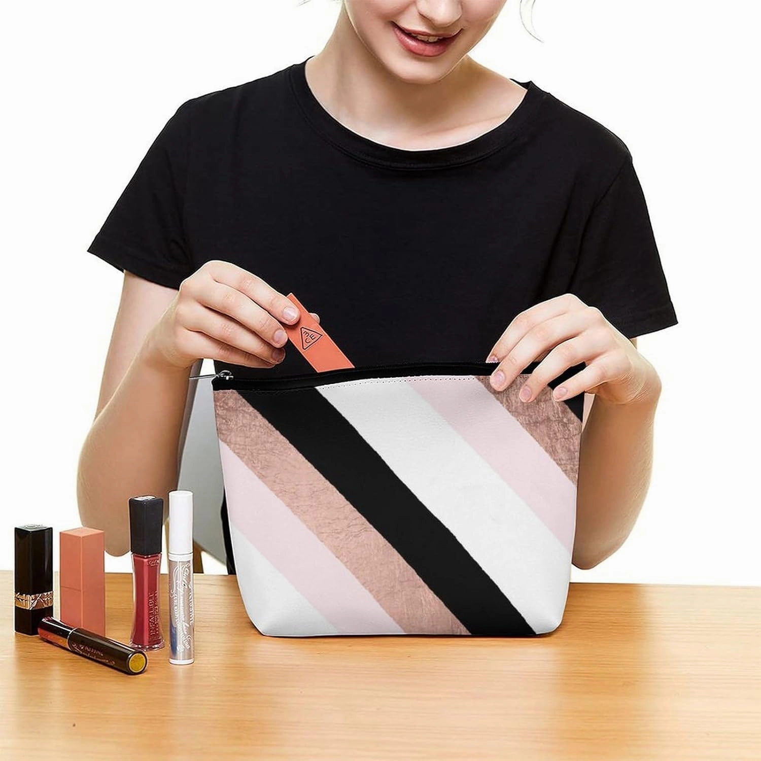 Elegant Makeup Bag, Modern Black Blush Pink Rose Gold Stripes Pattern Cosmetic Bag Large Capacity Pouch Portable Organizer for Men & Women