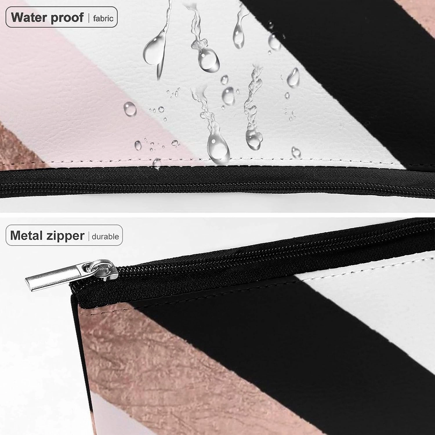 Elegant Makeup Bag, Modern Black Blush Pink Rose Gold Stripes Pattern Cosmetic Bag Large Capacity Pouch Portable Organizer for Men & Women