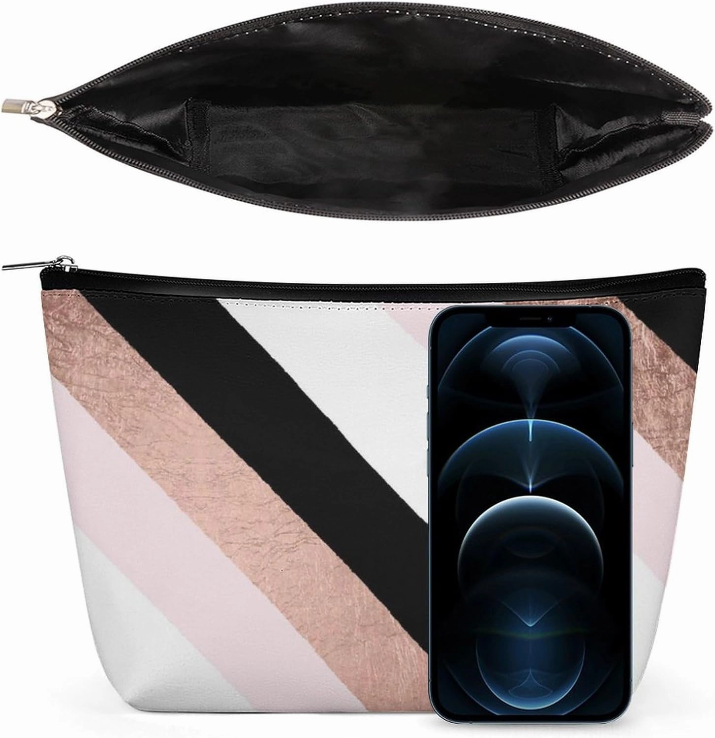 Elegant Makeup Bag, Modern Black Blush Pink Rose Gold Stripes Pattern Cosmetic Bag Large Capacity Pouch Portable Organizer for Men & Women