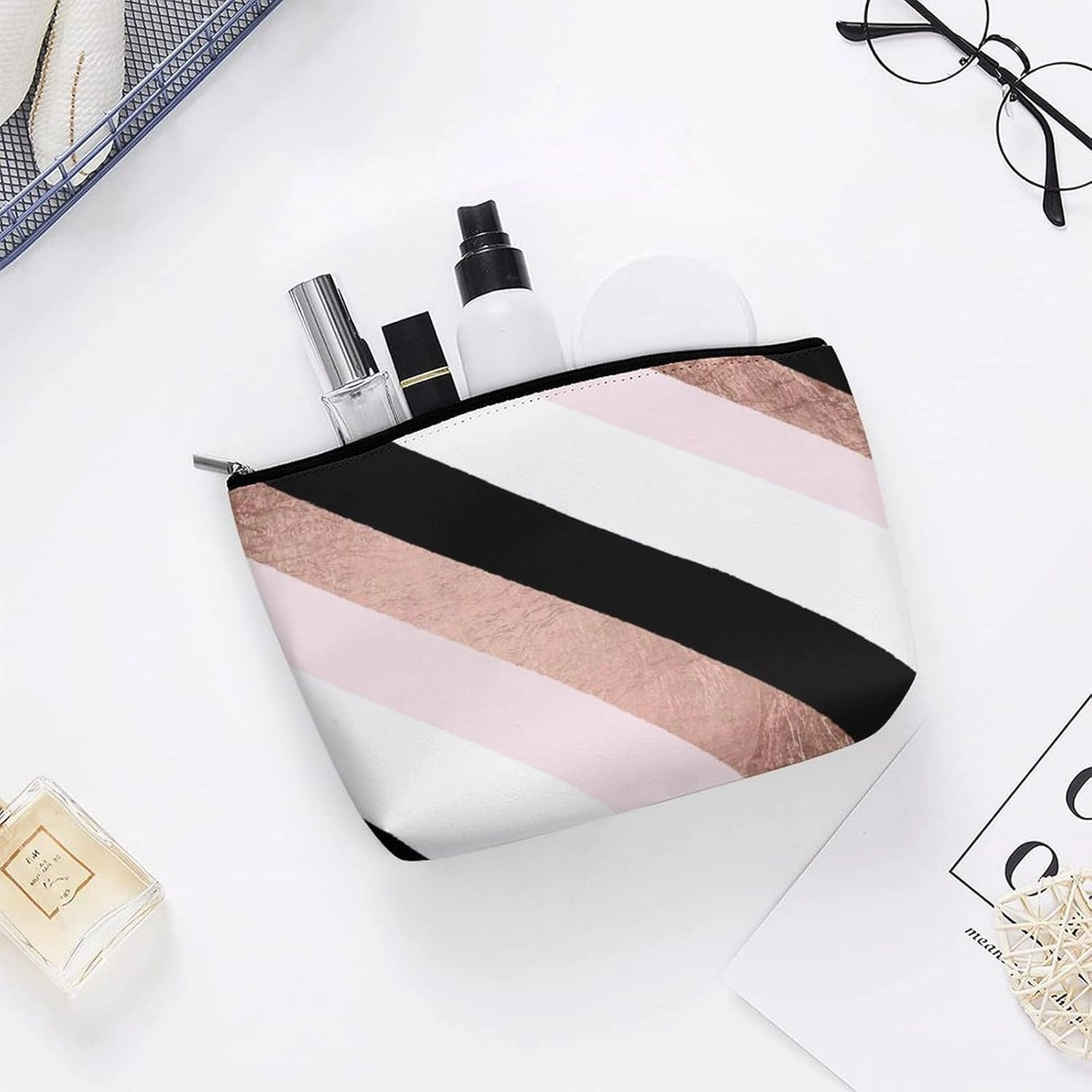 Elegant Makeup Bag, Modern Black Blush Pink Rose Gold Stripes Pattern Cosmetic Bag Large Capacity Pouch Portable Organizer for Men & Women