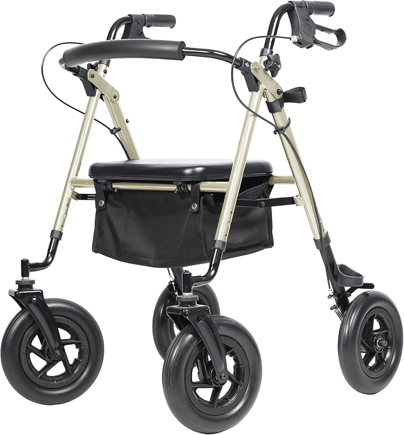 ELENKER All-Terrain Rollator Walker with 10” Rubber Wheels, Padded Seat & Backrest, Under-seat Basket for Seniors (Champagne)