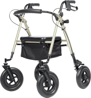ELENKER All-Terrain Rollator Walker with 10” Rubber Wheels, Padded Seat & Backrest, Under-seat Basket for Seniors (Champagne)