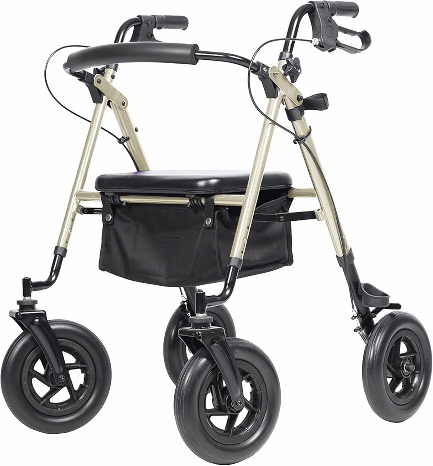 ELENKER All-Terrain Rollator Walker with 10” Rubber Wheels, Padded Seat & Backrest, Under-seat Basket for Seniors (Champagne)